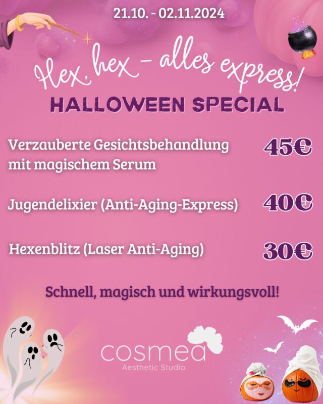 🎃 Hex hex, alles express! 🧙‍♀️
Unser Halloween Special ist da! Ab heute bis zum 02.11 bekommst du 3 verzauberte Behandlungen zu mega Preisen – nur für dich! ✨

Du kannst deine Termine sofort online über unsere Webseite oder telefonisch, per Instagram, WhatsApp, E-Mail oder Facebook vereinbaren.

Wenn du mehr Infos brauchst, frag gerne unverbindlich nach – wir freuen uns auf dich! 😊

#halloweenspecial #kosmetikstudio #kosmetikstudiofrankfurt #kosmetik #aestheticstudio #beautystudio #ffm #frankfurt #wiesbaden #mainz #rabatte #angebot #halloweenmakeup #halloweenspirit