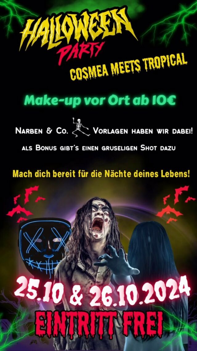 🎃 💀Halloween Party– Cosmea meets Tropical!💀🎃

Am 25. und 26. Oktober feiern wir wieder – düsterer und wilder als je zuvor. ‼️Dieses Jahr neu‼️ Wir bieten direkt vor Ort einfaches Make-up für coole Designs wie Narben und mehr ab 10€. Und dazu gibt’s einen Gruselshot gratis!👻

Wenn du ein individuelles Wunsch-Make-up möchtest, kannst du dir vorher einen Termin im Cosmea sichern. Cosmea-Kunden können direkt bei @hernandos.tropical einen Tisch reservieren‼️

Bist du bereit für die schaurigste Nacht des Jahres? Komm vorbei… wenn du dich traust!

#halloween #halloweenmakeup #halloweencostume #halloweenparty #eintrittfrei #entradalibre #halloweenfun #halloween2025 #halloween #ffm #latinosenfrankfurt #frankfurt #frankfurtammain #offenbach